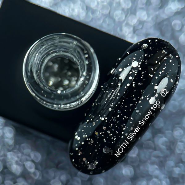 NAILSOFTHENIGHT Silver Snow top 02 &mdash; топ для нігтів зі срібними шестиграниками, без липкого шару, 10 мл 4845283321 фото