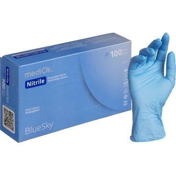 Перчатки нитриловые неопудренные Mediok BlueSky размер S 100шт (50пар) голубые 11341114 фото