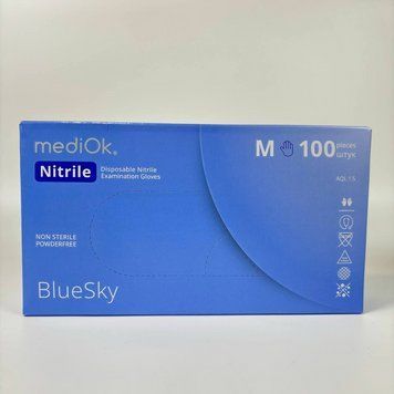 Перчатки нитриловые неопудренные Mediok BlueSky размер M 100шт (50пар) голубые 11341115 фото