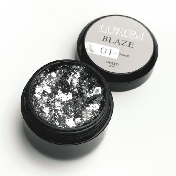 Гель для дизайна Lukum Blaze Gel №01 Silver глянцевый с медными блестками без липкого слоя, 5 мл N09518 фото